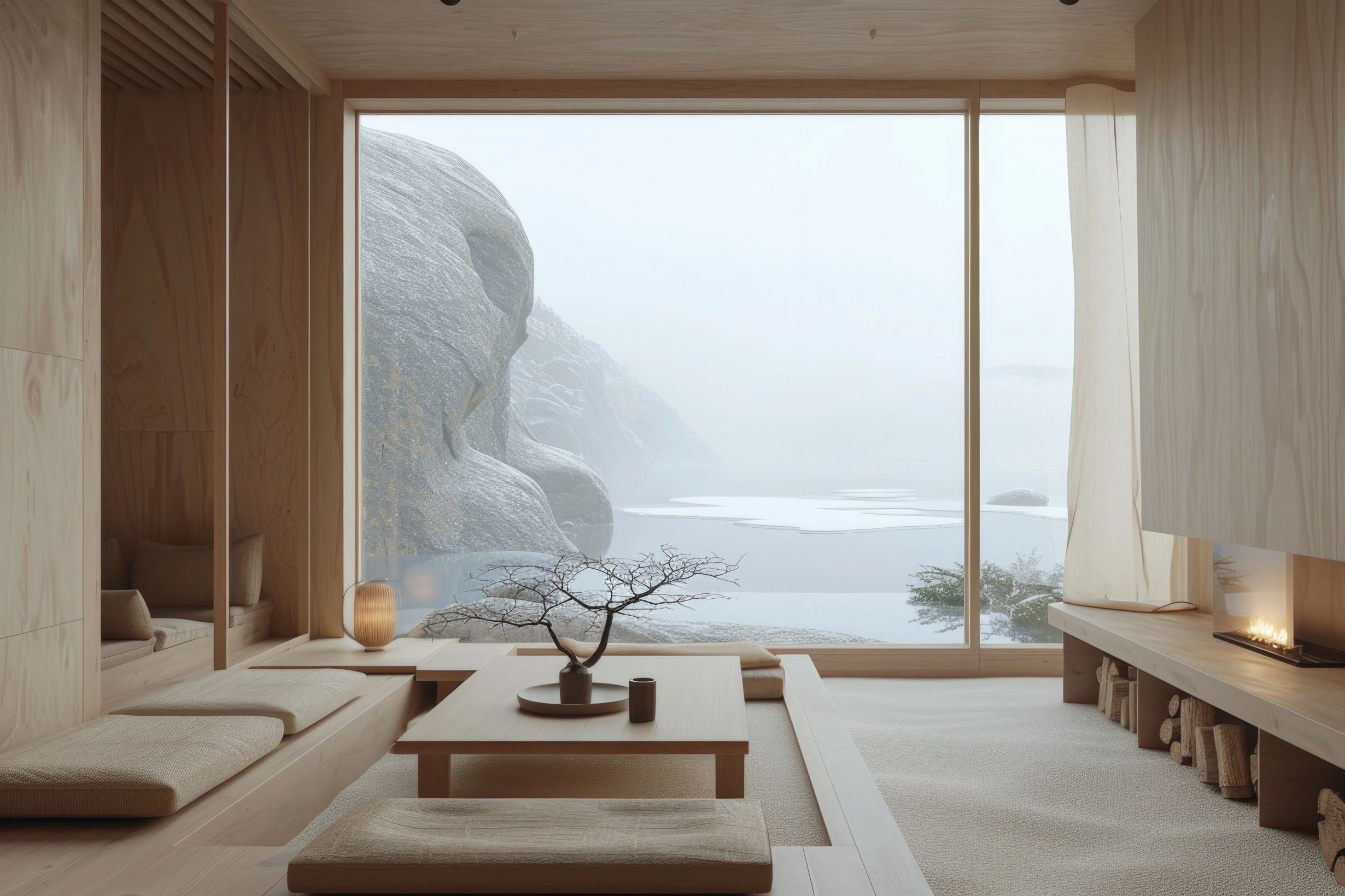 Coastal living room framed by rock formations
