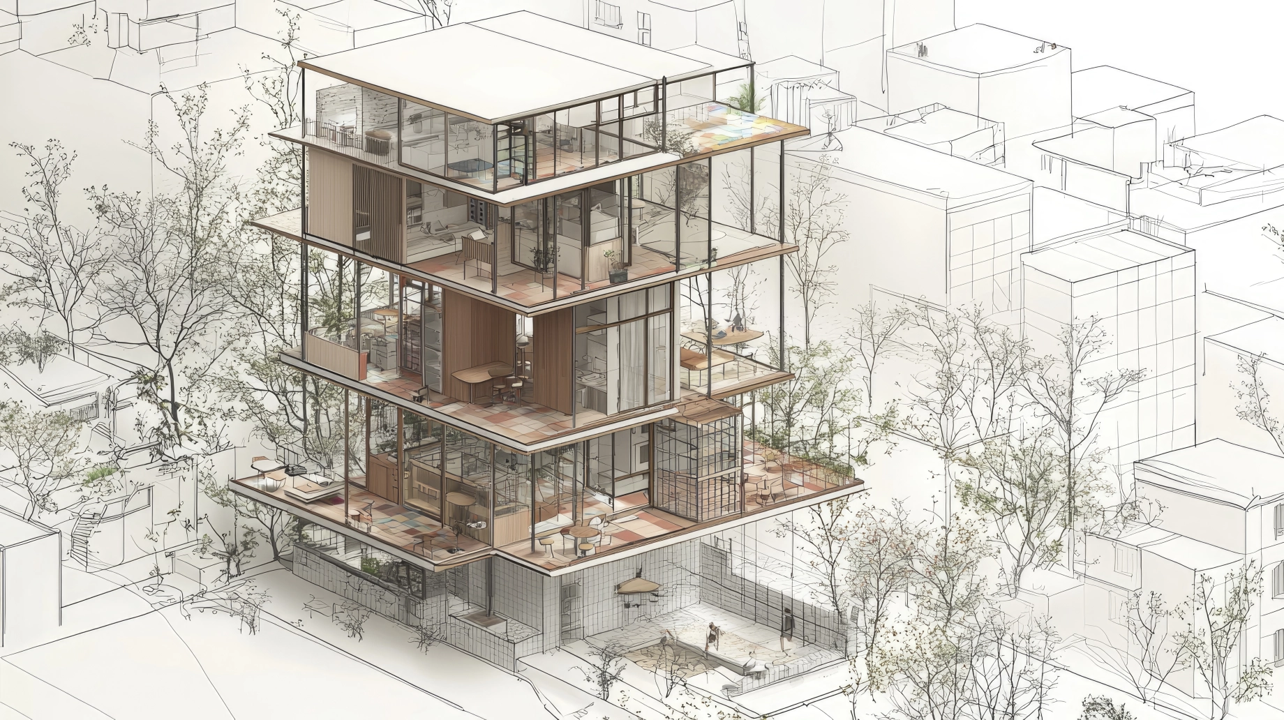 Exploded commercial building axonometric